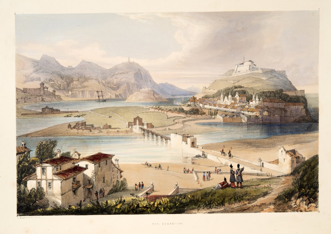 San Sebastian, ze Szkiców scenerii w baskijskich prowincjach Hiszpanii, z wyborem muzyki narodowej?, wyd. 1838 (grawerowanie ręcznie kolorowane) autorstwa Henry Wilkinson
