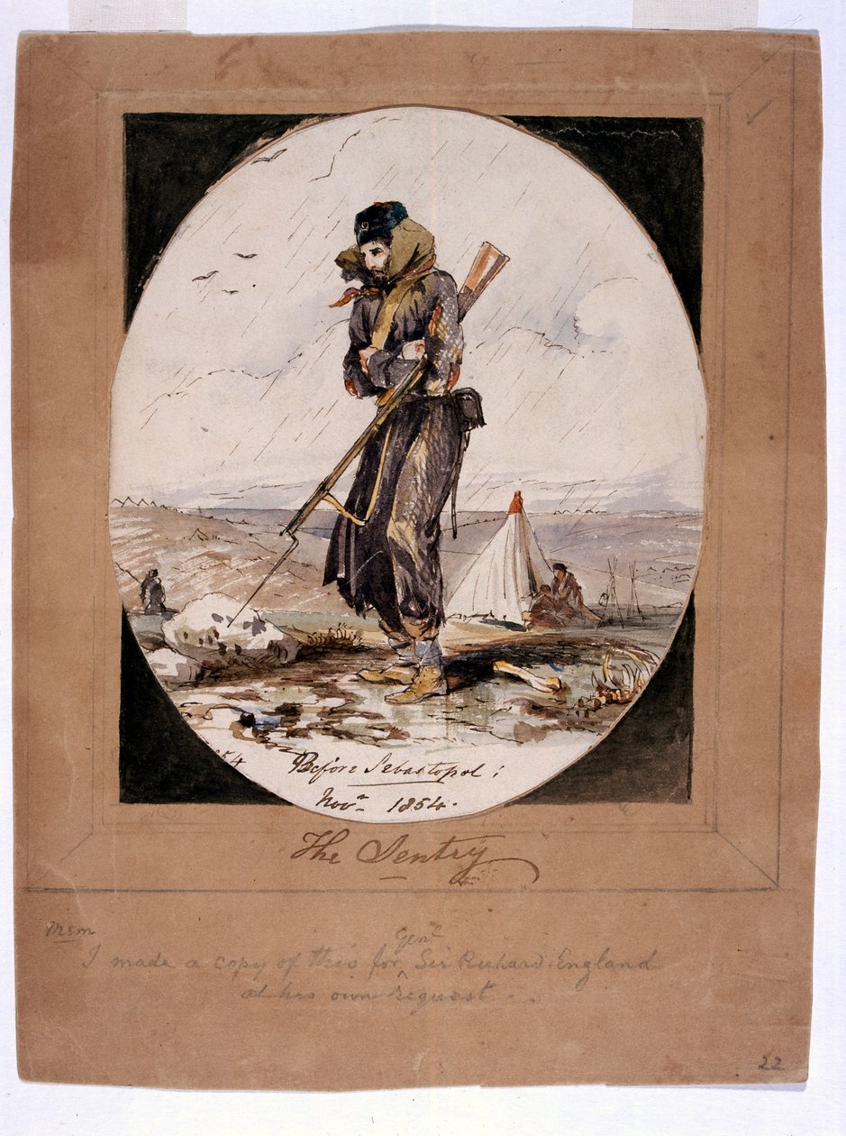 Strażnik, przed Sewastopolu, 1854 (pióro i atrament z wc na papierze) autorstwa Henry Wilkinson
