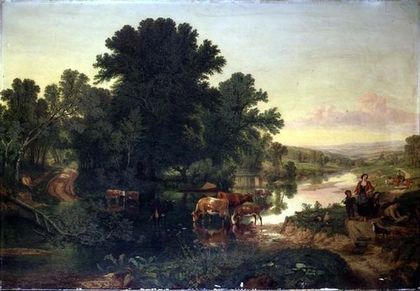 Zalesiony krajobraz rzeki z podlewaniem bydła autorstwa Henry William Banks Davis