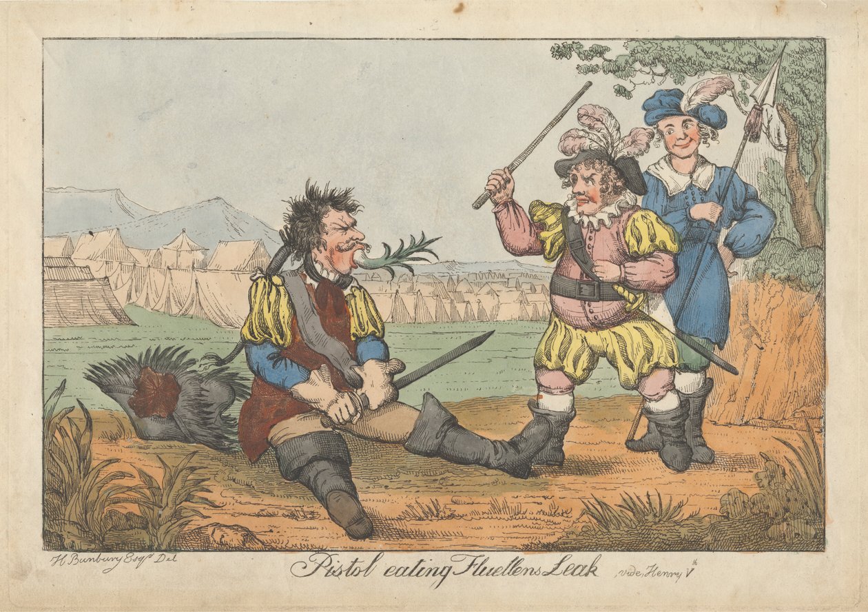 Pistolet zjadający wyciek Fluellena – „Henryk V” autorstwa Henry William Bunbury