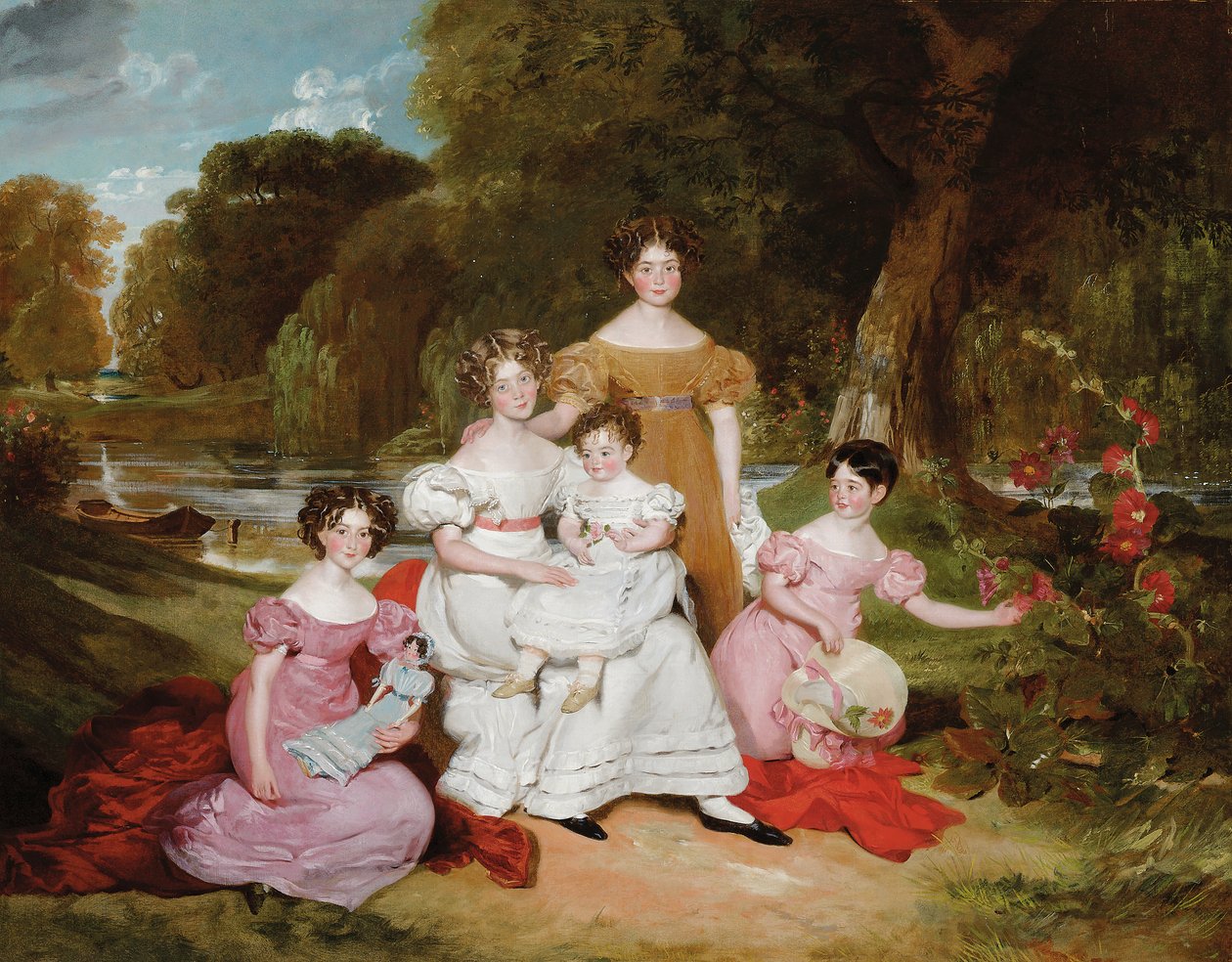 Portret grupowy rodziny Ward Hunt na tle krajobrazu przed rzeką autorstwa Henry Wyatt