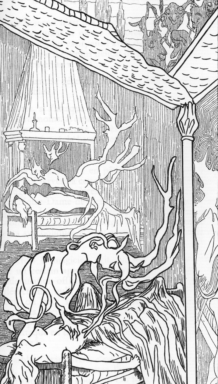 Inkuby (anioły dechus z pożądania stają się demonami i starają się cieszyć kobietami, gdy śnią lub śpią) i sukuby (kobiece demony cieszą się mężczyznami podczas snu) (inkuby i sukkuby) Rysunek: Henry de Malvost z „Satanizmu i magii” Julesa Boisa 1895 autorstwa Henry de Malvost