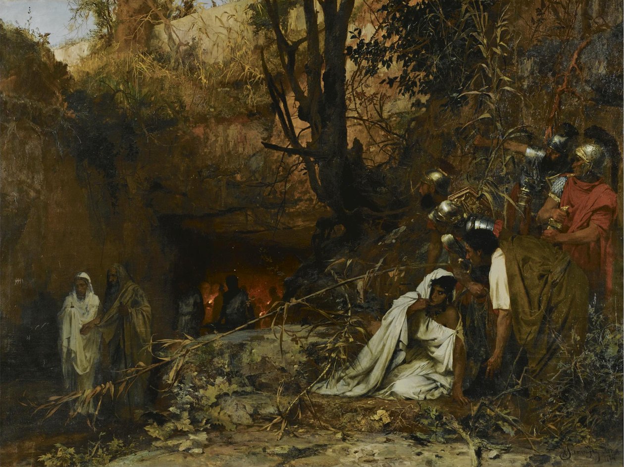 Chrześcijańscy prześladowcy przy wejściu do katakumb, 1874 autorstwa Henryk Siemiradzki