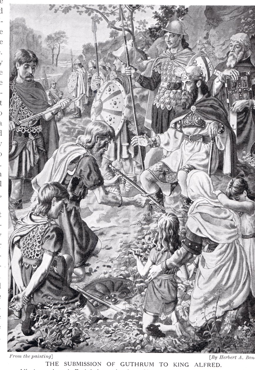 Poddanie Guthruma królowi Alfredowi, ilustracja z „Historii Narodów Hutchinsona” autorstwa Herbert Alfred Bone