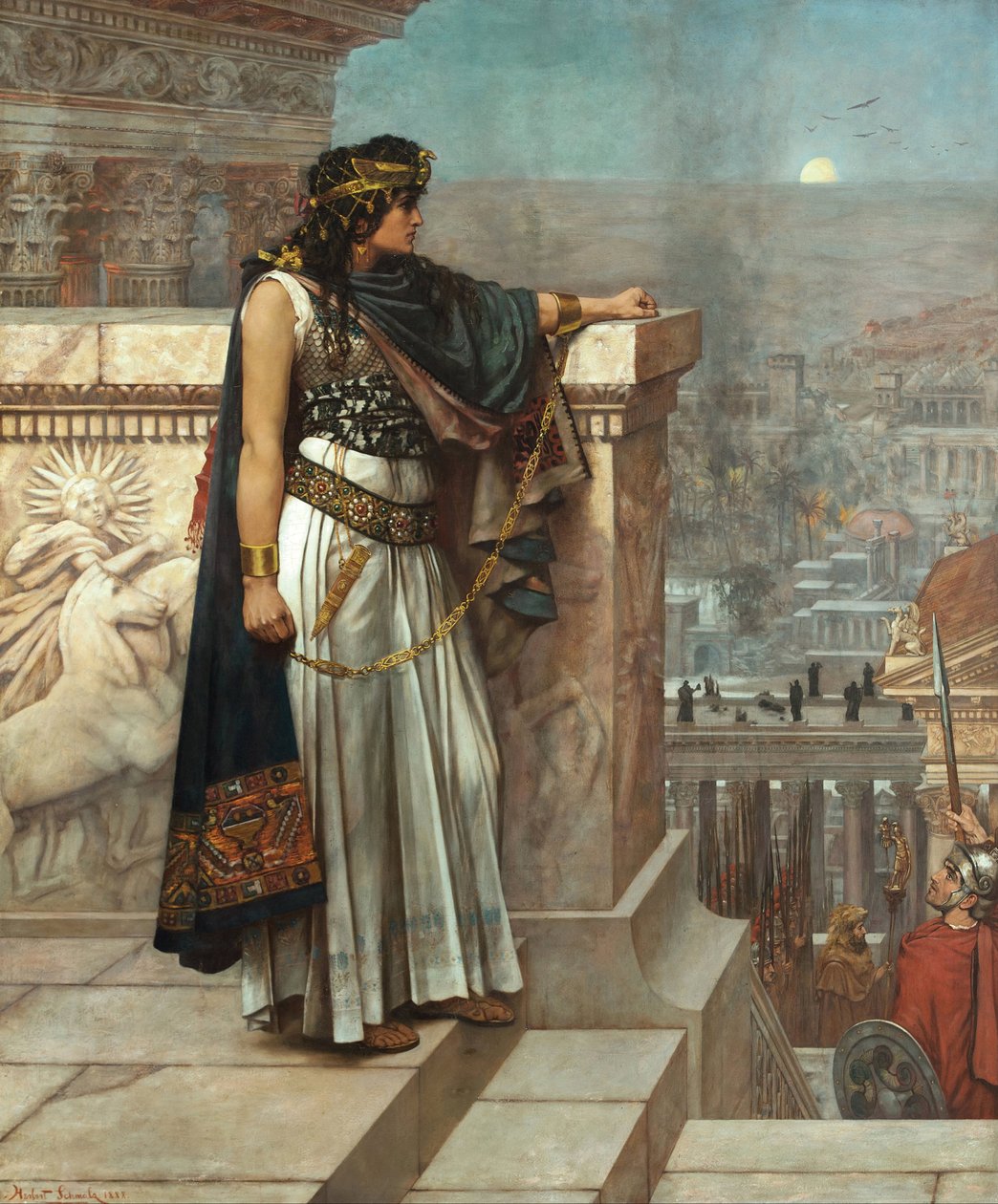 Starożytność rzymska: ""Ostatnie spojrzenie Zenobie na Palmirę"" Cesarzowa Palmyra Septimia Batzabbai Zenobia schwytana przez rzymskiego cesarza Aurelian musi opuścić swoje królestwo, 272"" Obraz Herberta Gustave