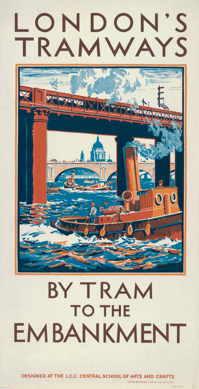 „Tramwajem do nabrzeża”, plakat LCC Tramways Rady Hrabstwa Londynu, 1924 r autorstwa Herbert Kerr Rooke