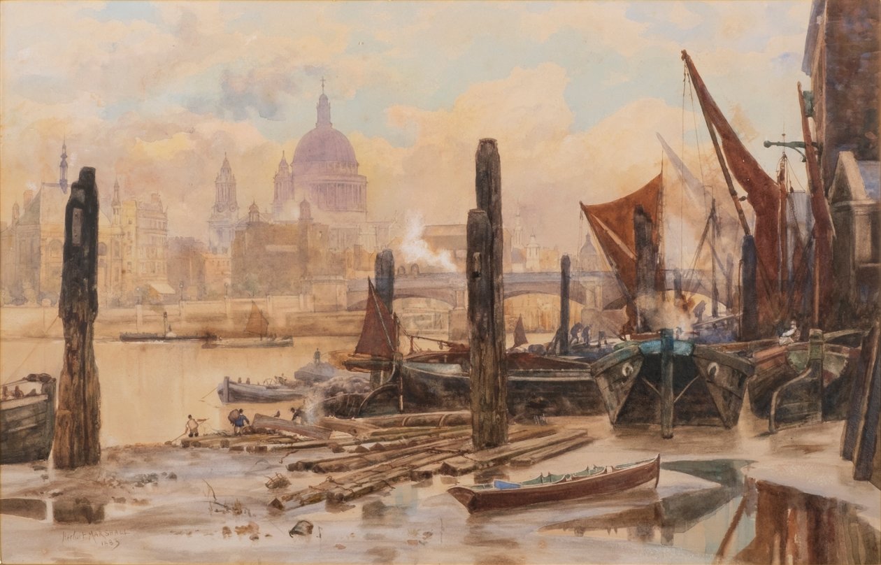 Zacumowane barki na Tamizie; St Pauls i most Blackfriars w oddali autorstwa Herbert Menzies Marshall