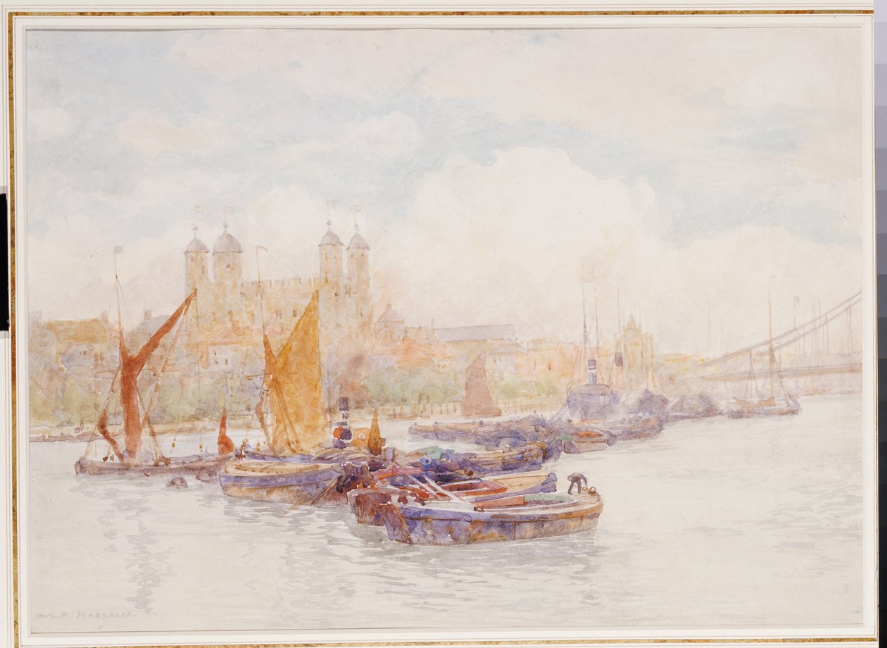 Tower of London znad Tamizy z wysyłką na pierwszym planie autorstwa Herbert Menzies Marshall