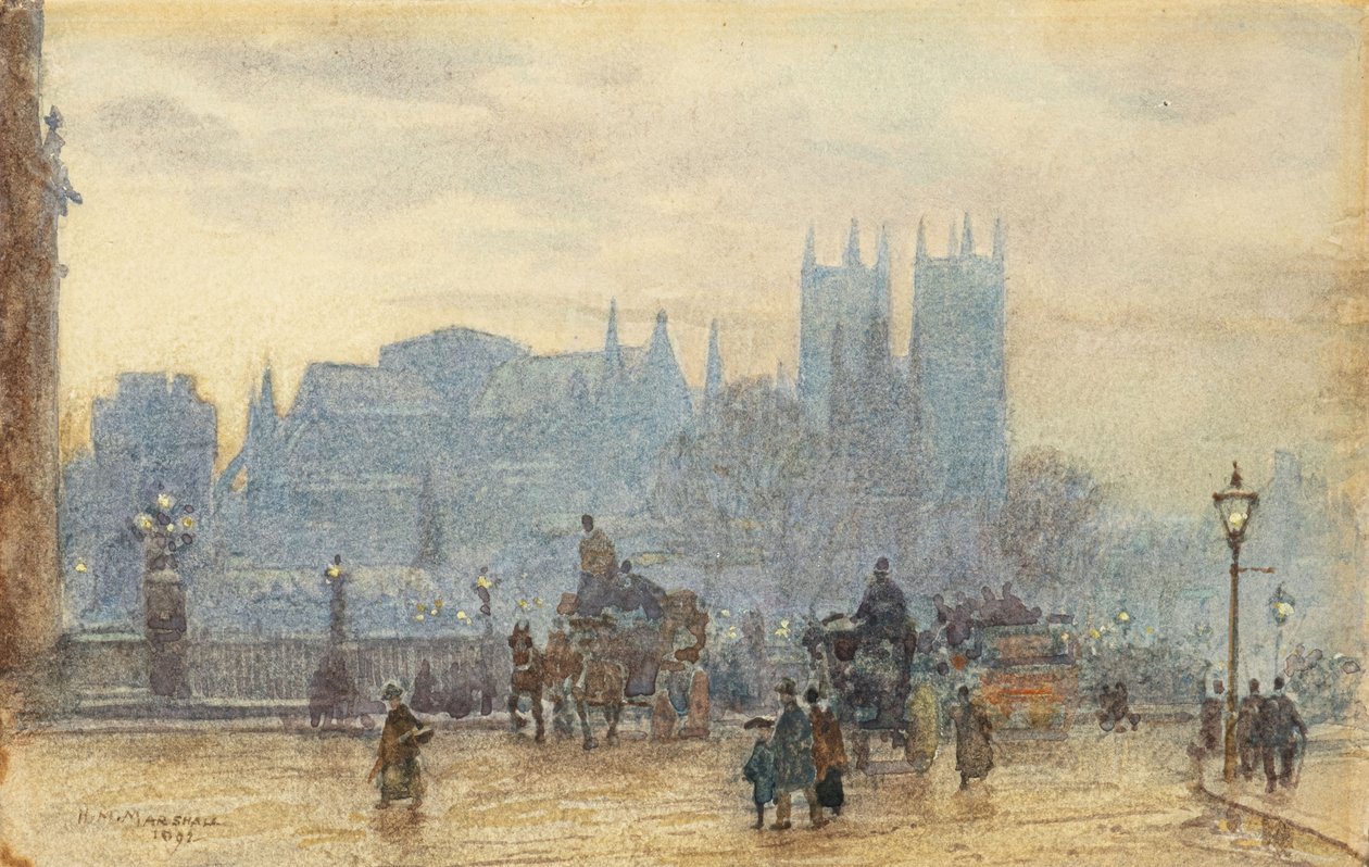 Opactwo Westminsterskie z Mostu Westminsterskiego 1892 (akwarela) autorstwa Herbert Menzies Marshall