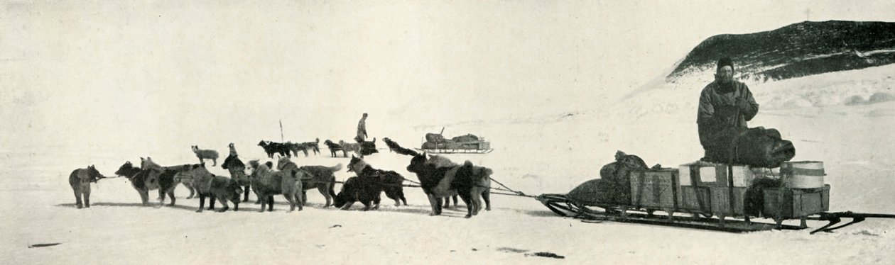 Meares i Demetri ze swoimi psimi zaprzęgami opuszczają Hut Point, c1911, 1913 autorstwa Herbert Ponting