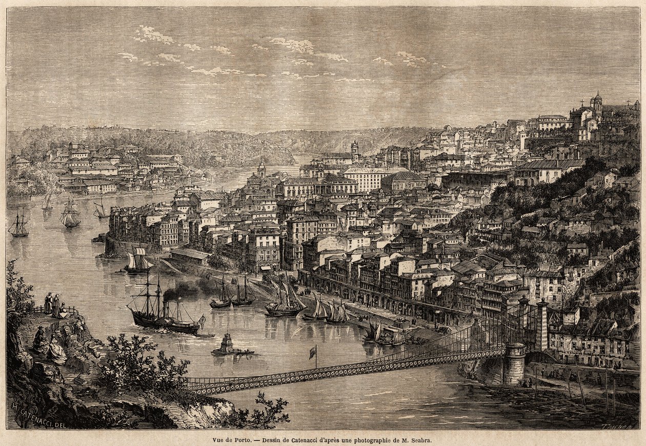 Widok Porto, rysunek Catenacciego, ilustrujący podróż Oliviera Mersona do północnych prowincji Portugalii w 1857 r. Rycina w „”Le tour du monde”” 1861. Kolekcja Selvy. autorstwa Hercule (after) Catenacci