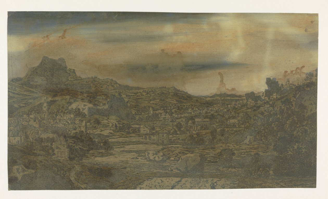 Dolina z rzeką i miasto z czterema wieżami autorstwa Hercules Segers