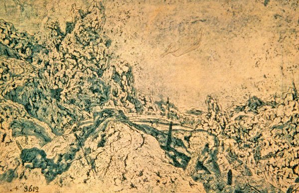Skalisty krajobraz z wieżą w oddali (atrament na papierze) autorstwa Hercules Seghers