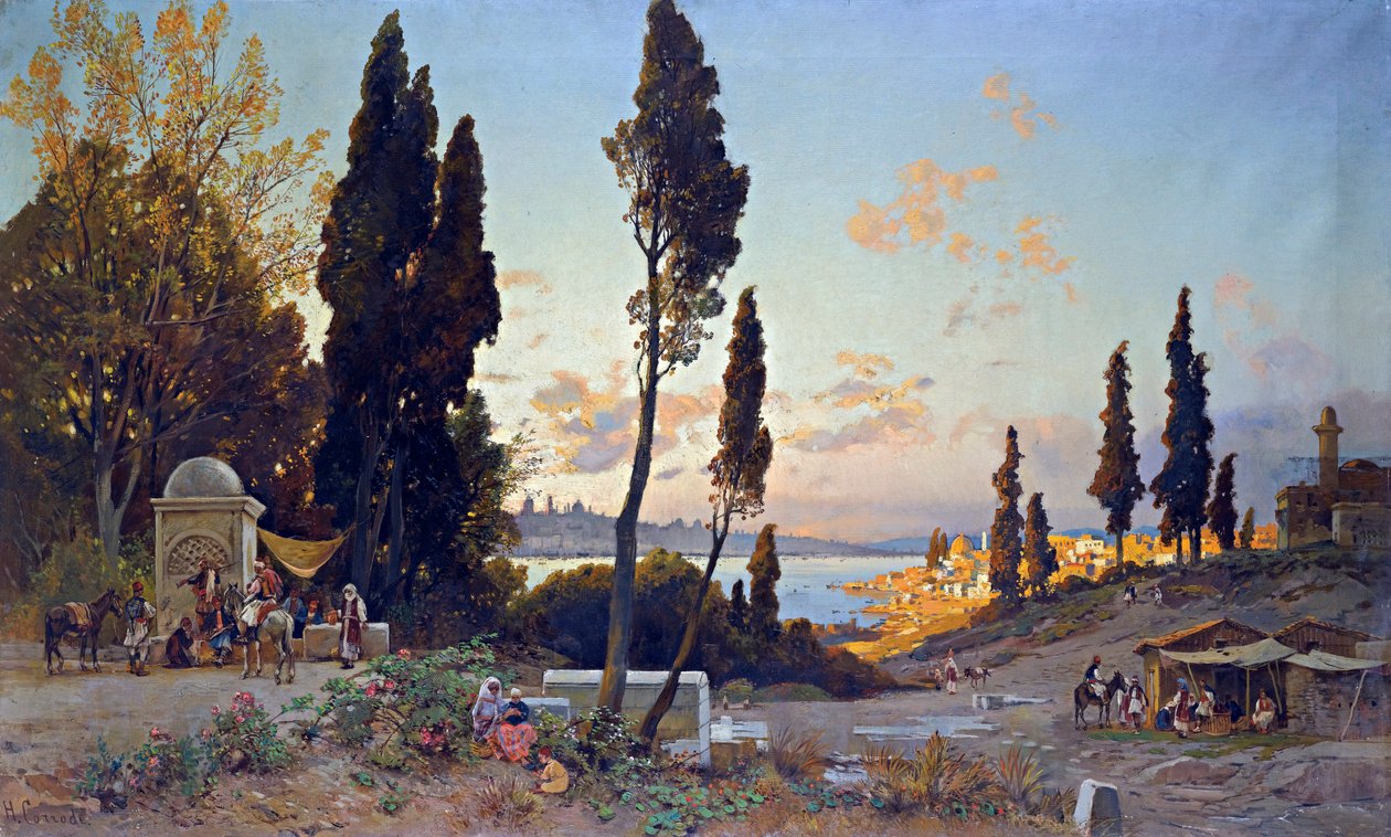 Vue du Bosphore a Constantinople - Peinture de Hermann David Salomon Corrodi (1844-1905), orientalizm - Widoki na Bosfor, Konstantynopol - Olej na płótnie Hermanna Davida Salomona Corrodi (1844-1905) - 100x166,5 cm - Kolekcja prywatna autorstwa Herman David Salomon Corrodi
