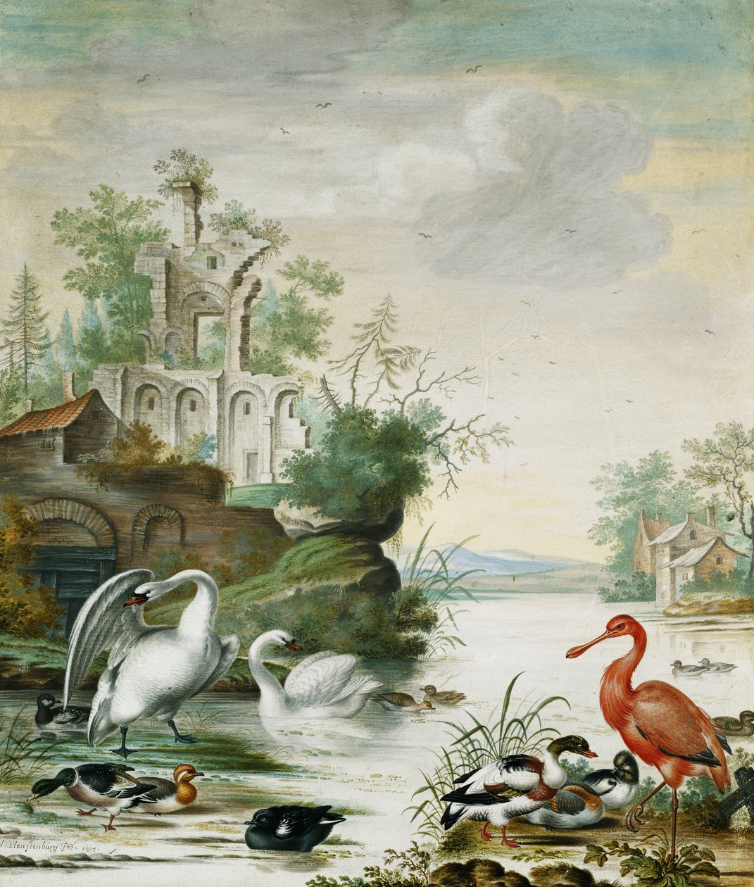 Łabędzie, Warzęcha, Krzyżówka, Świstun i Inne Kaczki na Rzece Poniżej Ruiny, 1694 autorstwa Herman Henstenburgh