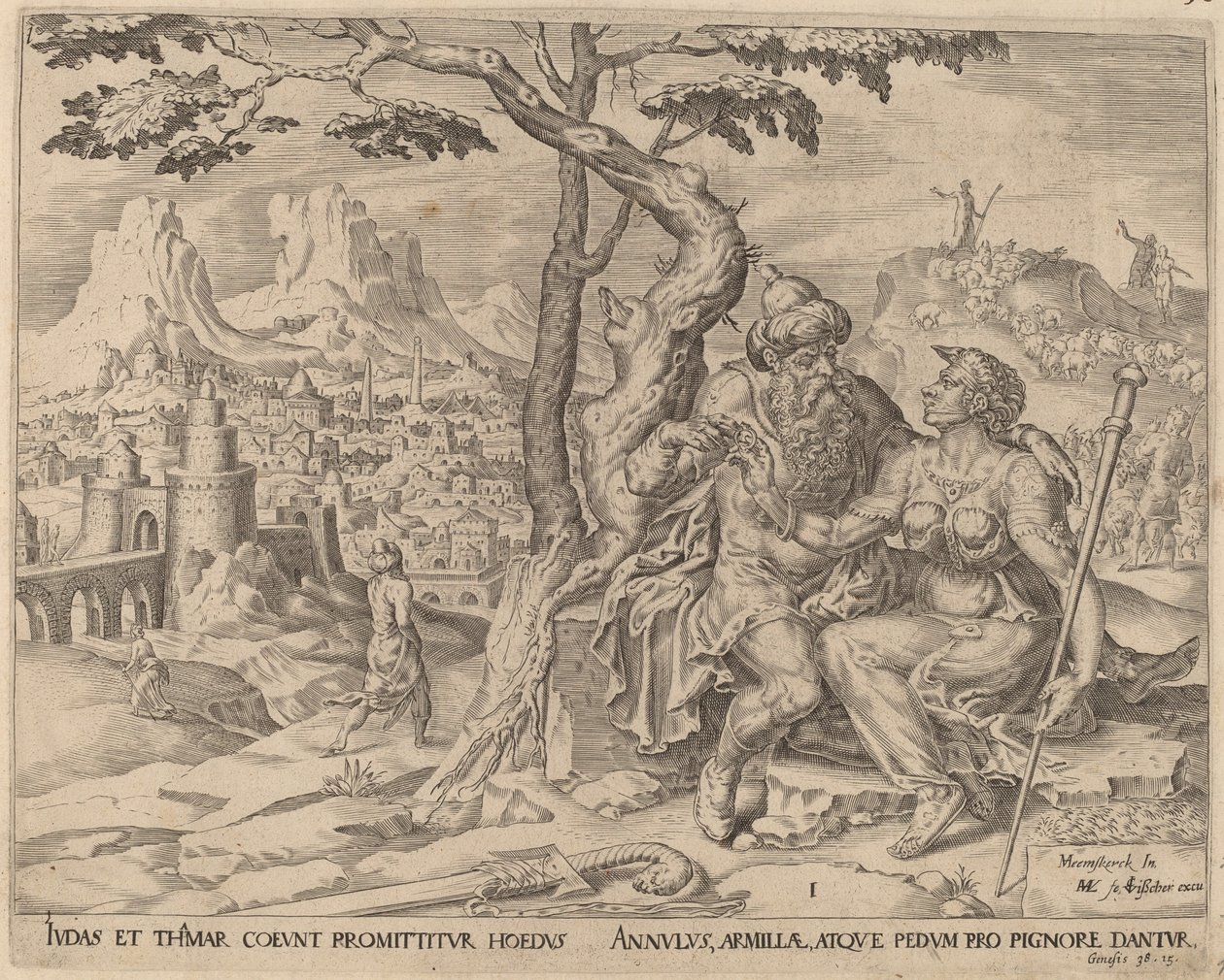 Juda składa Tamar przysięgę autorstwa Herman Jansz Muller after Maerten van Heemskerck