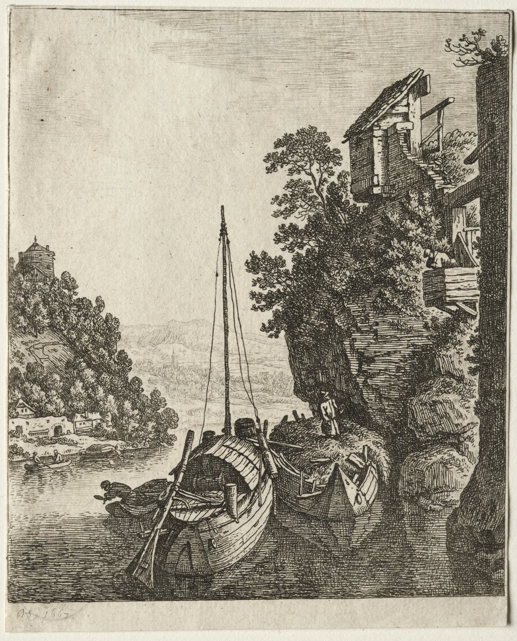 Dwie łodzie zacumowane pod skałą, 1667. autorstwa Herman Saftleven