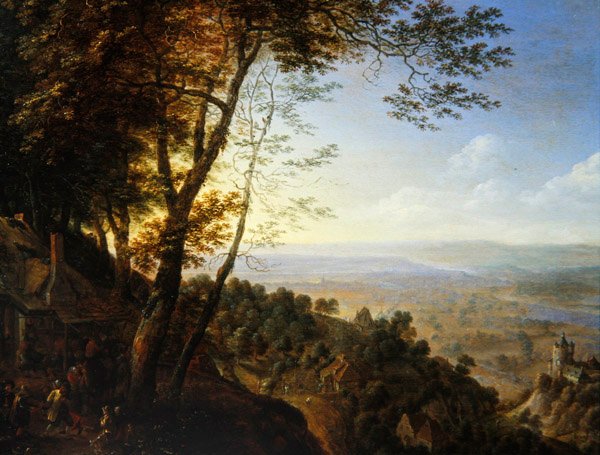 Zalesiony pejzaż z chłopami przy chacie (olej na desce) autorstwa Herman the Younger Saftleven