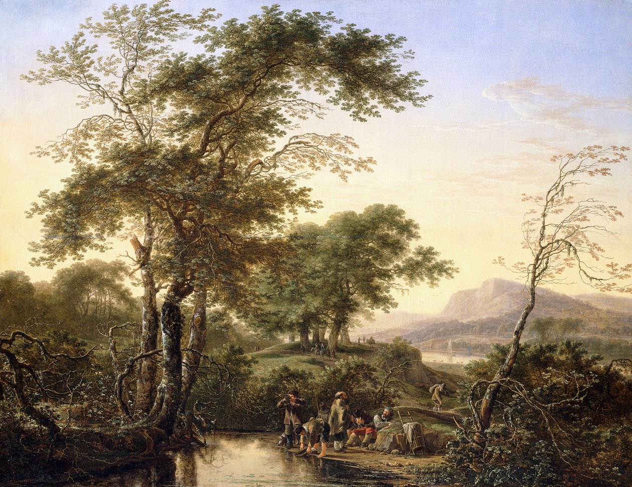 Rozległy włoski krajobraz rzeczny z podróżnikami przy basenie, 1646 autorstwa Herman the Younger Saftleven