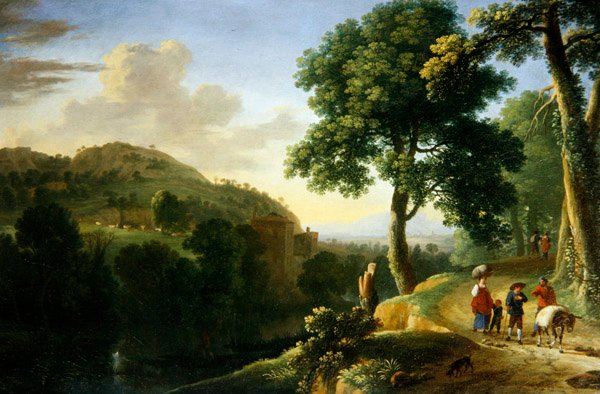 Pejzaż włoski z podróżnikami i osłem, ok. 1640 (olej na płótnie) autorstwa Herman van Swanevelt