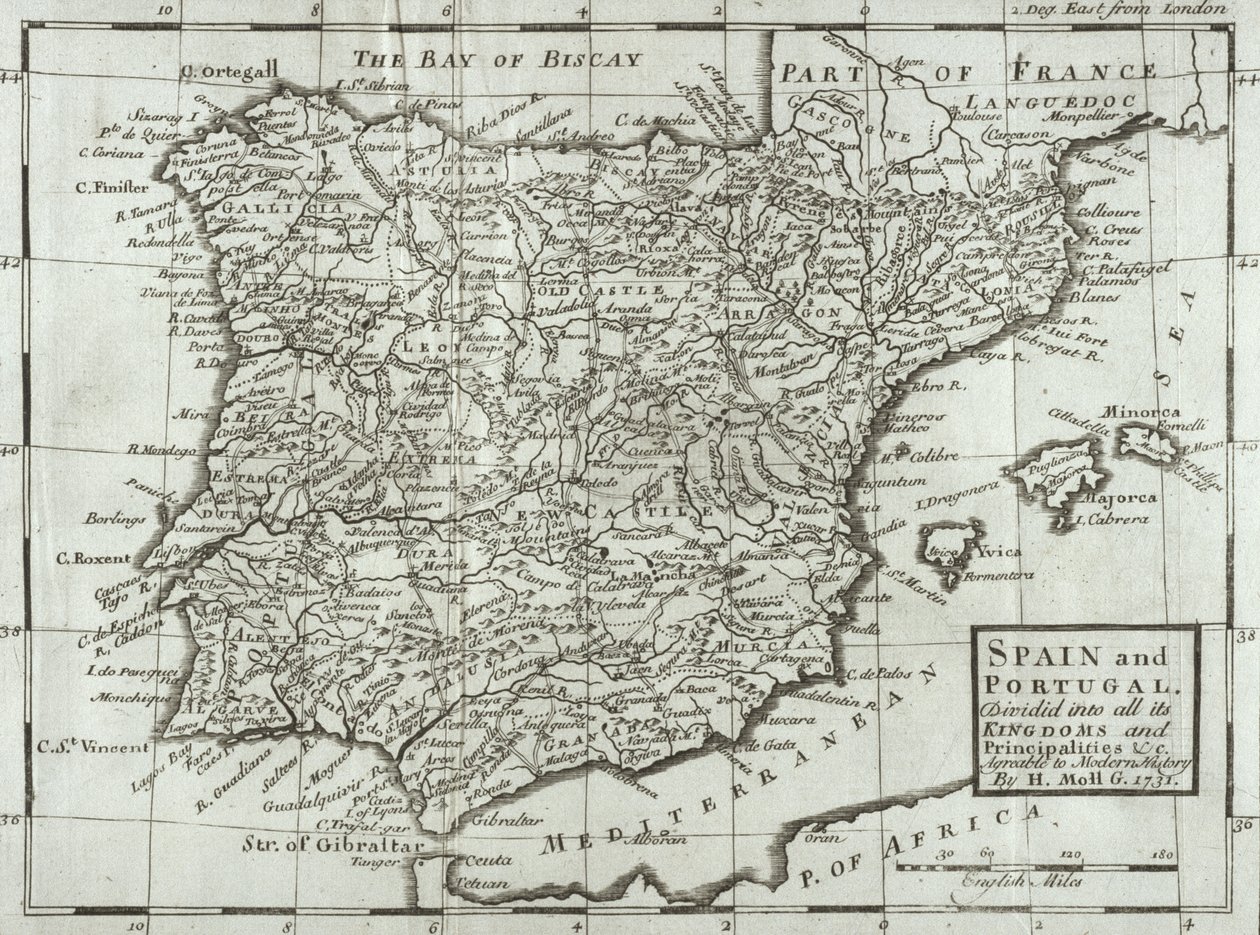 Mapa Hiszpanii i Portugalii, 1731 autorstwa Hermann Moll