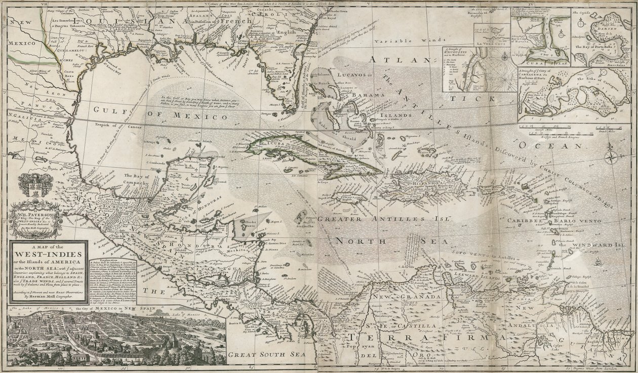 Mapa Karaibów, 1715 (rycina ręcznie kolorowana) autorstwa Hermann Moll