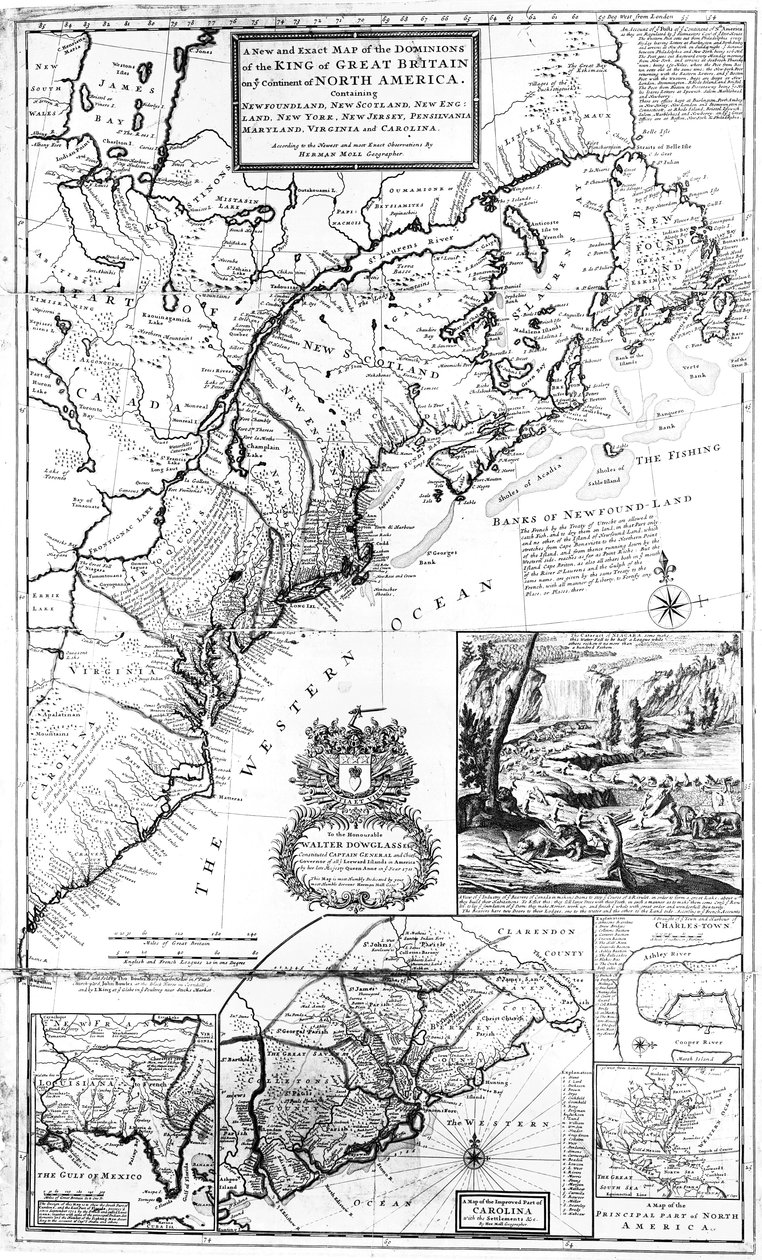 Mapa dominiów Wielkiej Brytanii w Ameryce Północnej, 1711 autorstwa Hermann Moll