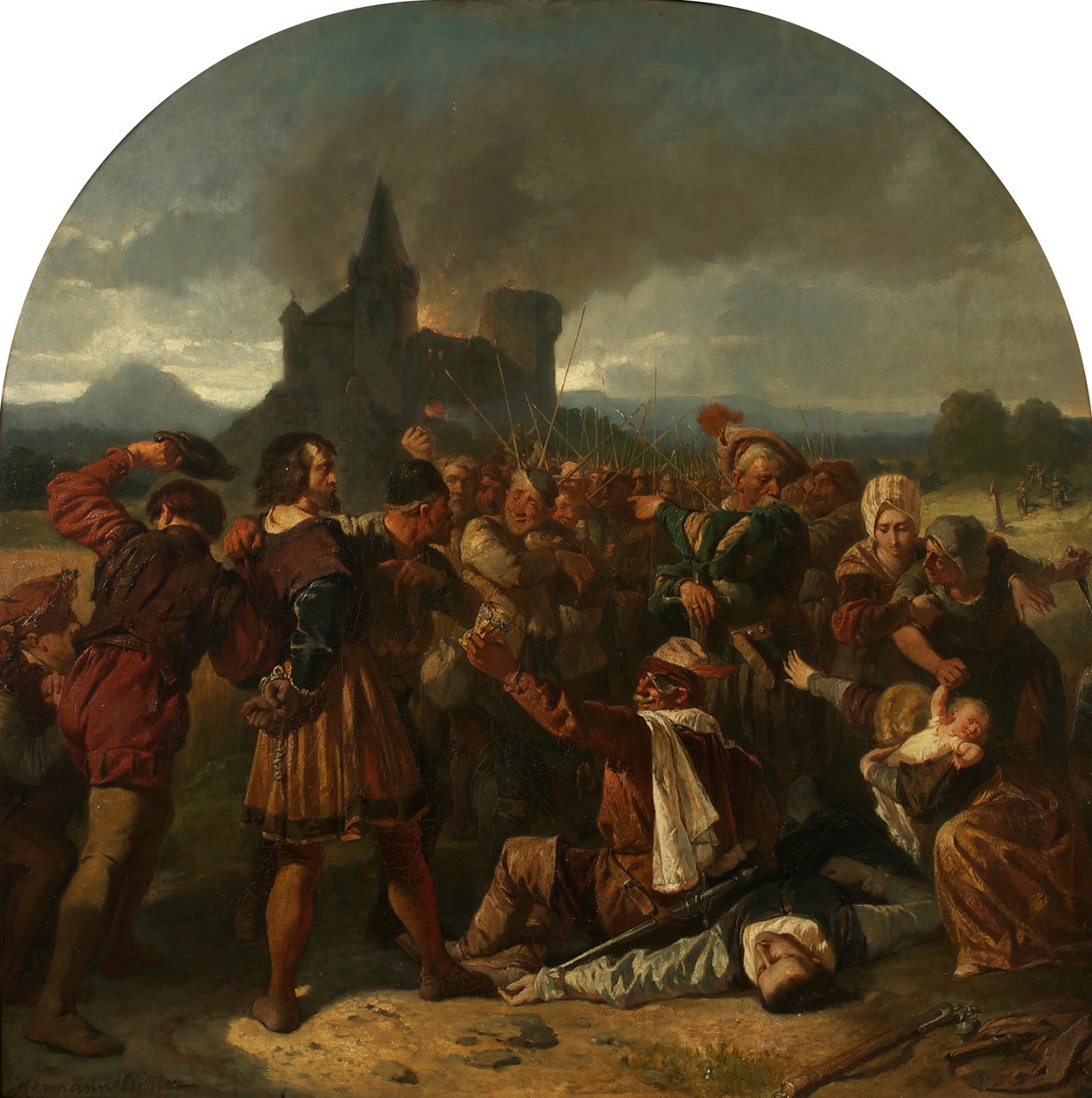 Odcinek z niemieckiej wojny chłopskiej Zabójstwo hrabiego Helfensteina pod Weinsbergiem, ok. 1867 r. autorstwa Hermann Eichler
