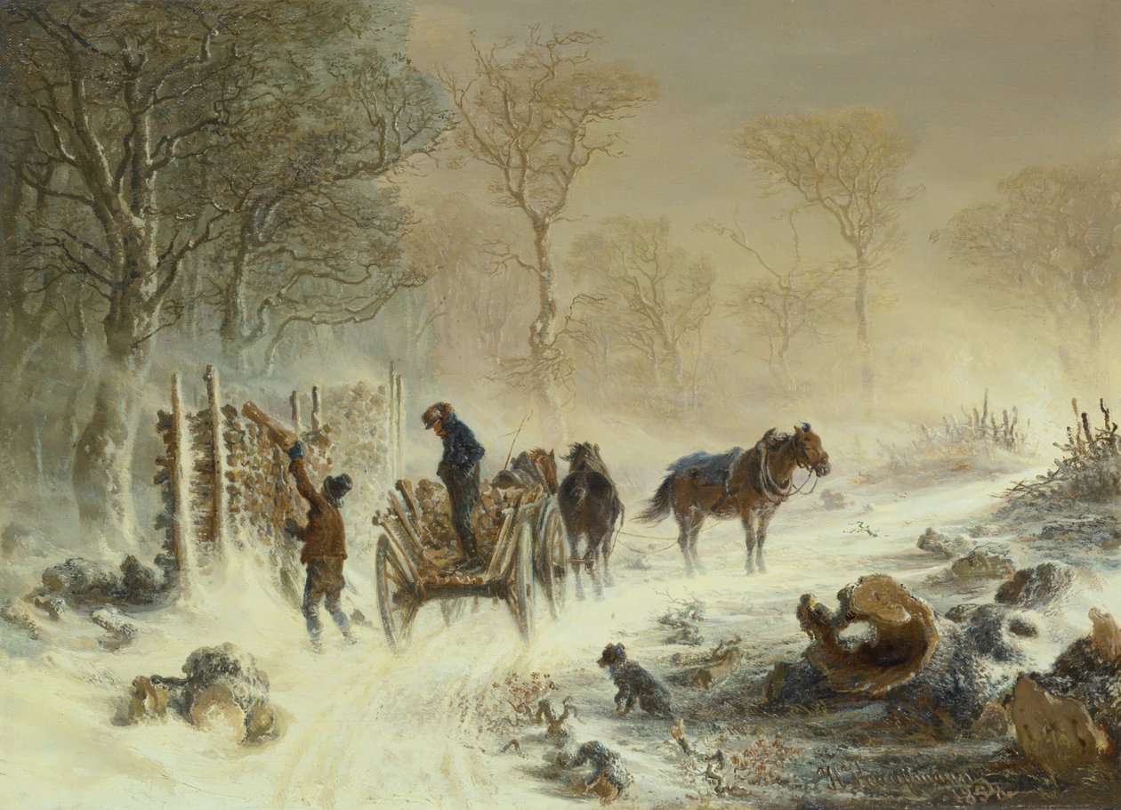 Ładowanie drewna w śniegu, 1858 autorstwa Hermann Kauffmann