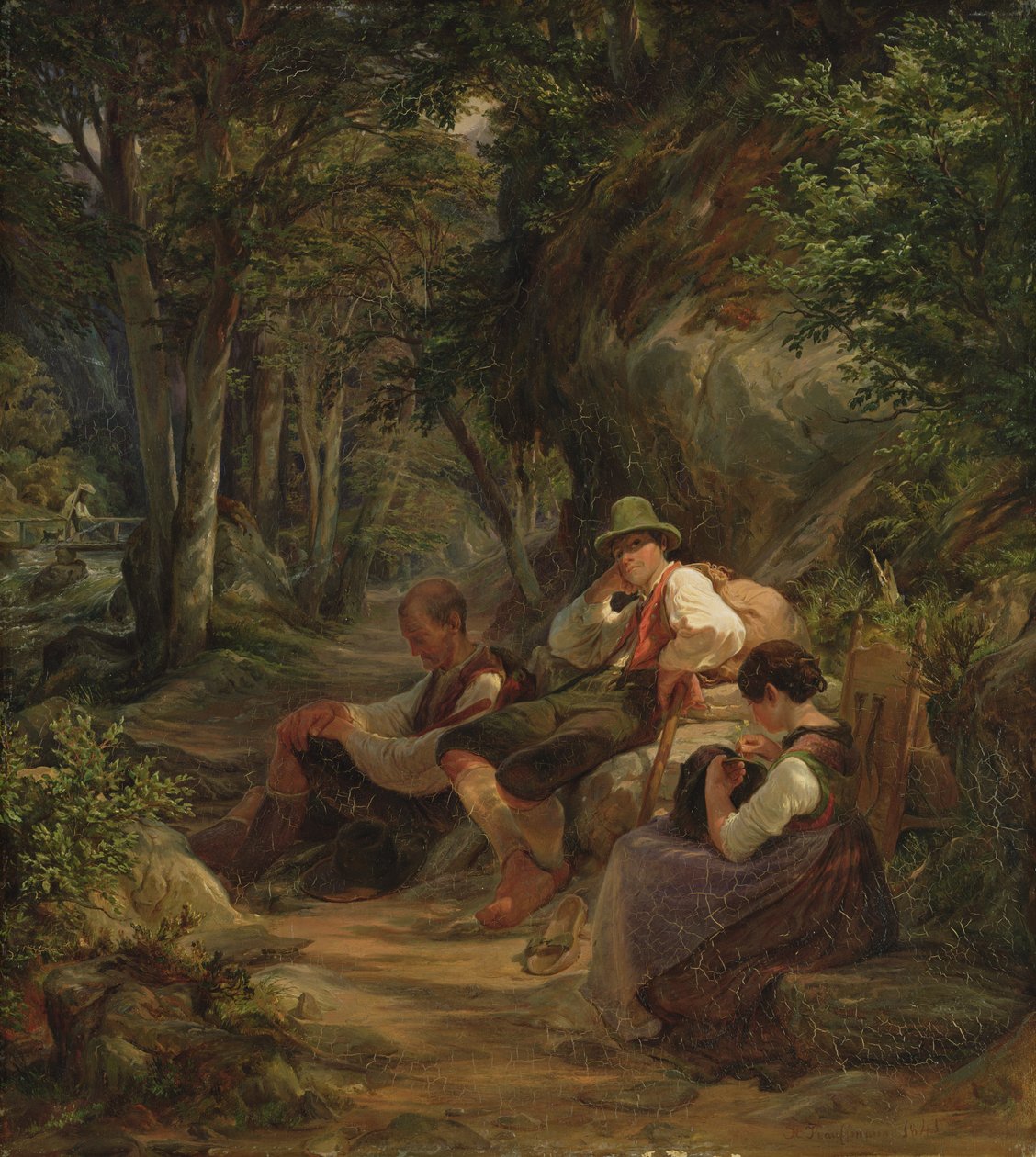 Trzech Górnych Bawarii odpoczywających na alpejskiej ścieżce, 1841 autorstwa Hermann Kauffmann