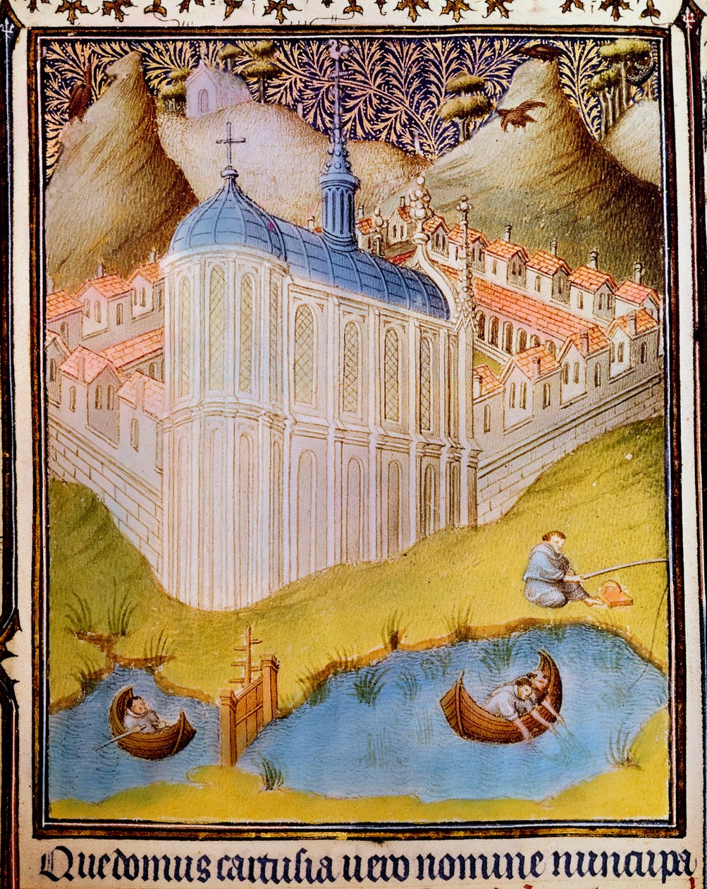 Mnisi kartuzowie sieciują i zacinają ryby w stawach rybnych w Chartreuse, Francja, XV wiek autorstwa Hermann Limbourg