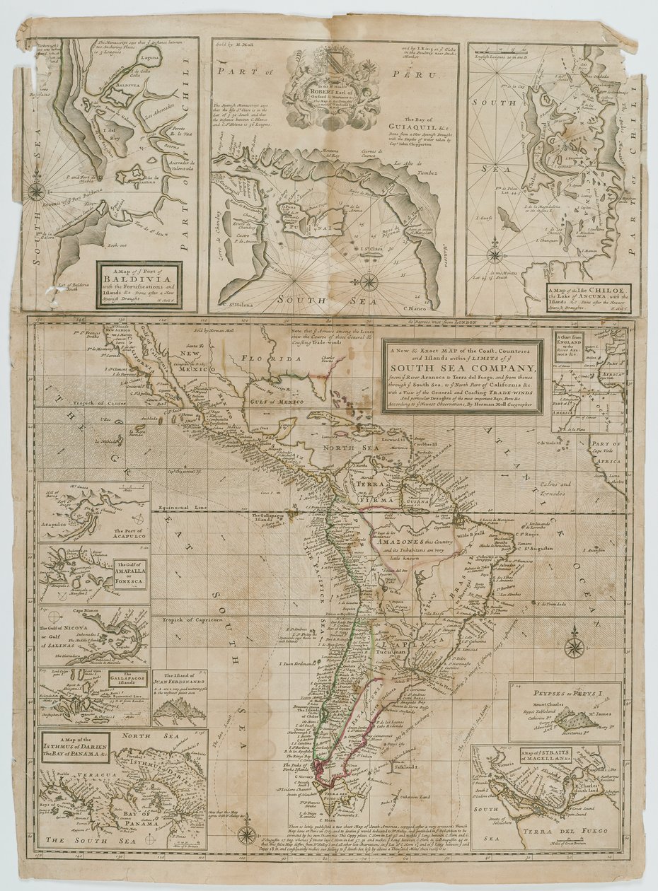 Nowa i dokładna mapa krajów przybrzeżnych i wysp w granicach Ye South Sea Company autorstwa Hermann Moll