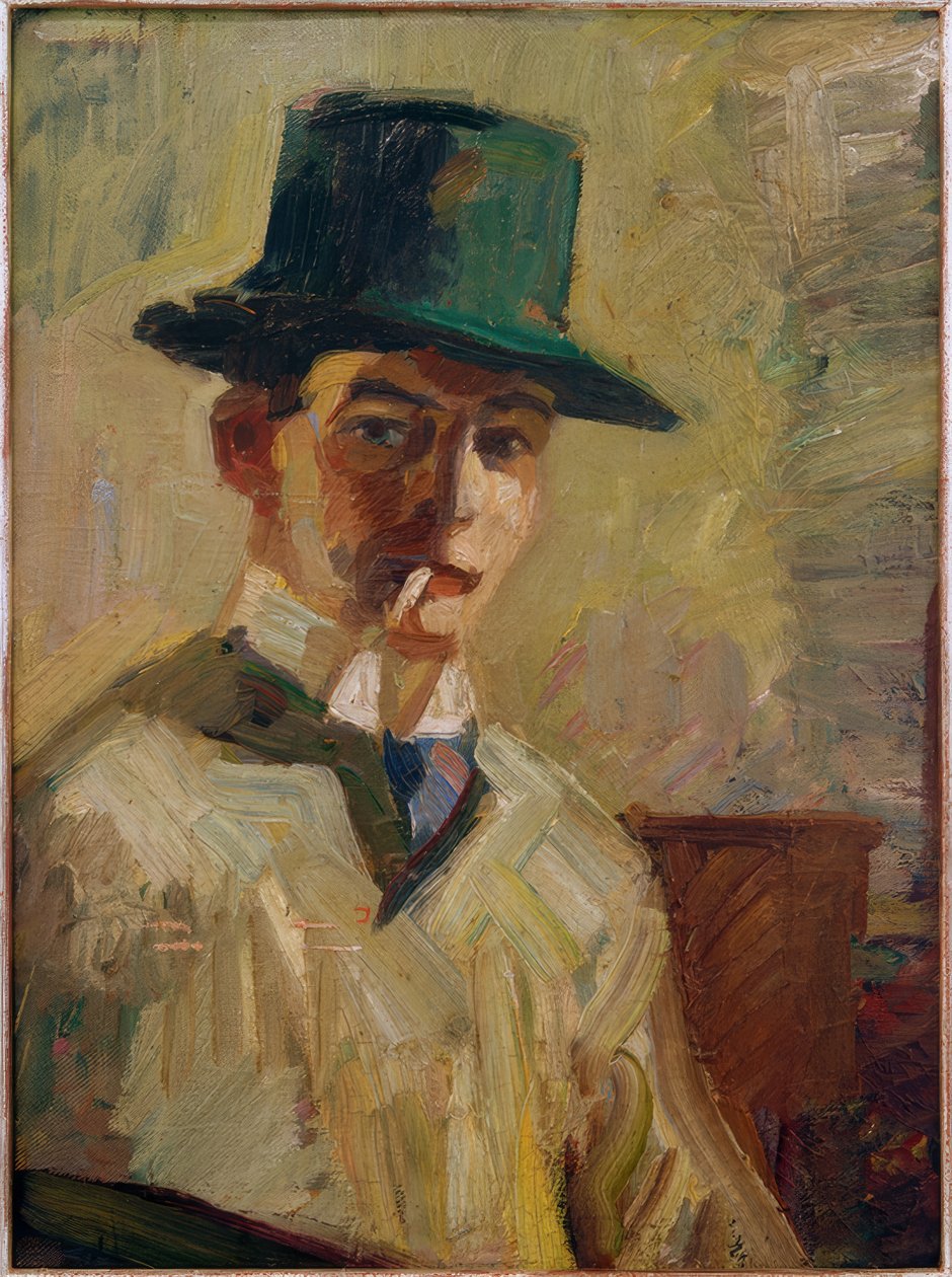 Autoportret z wysokim kapeluszem i papierosem autorstwa Hermann Stenner