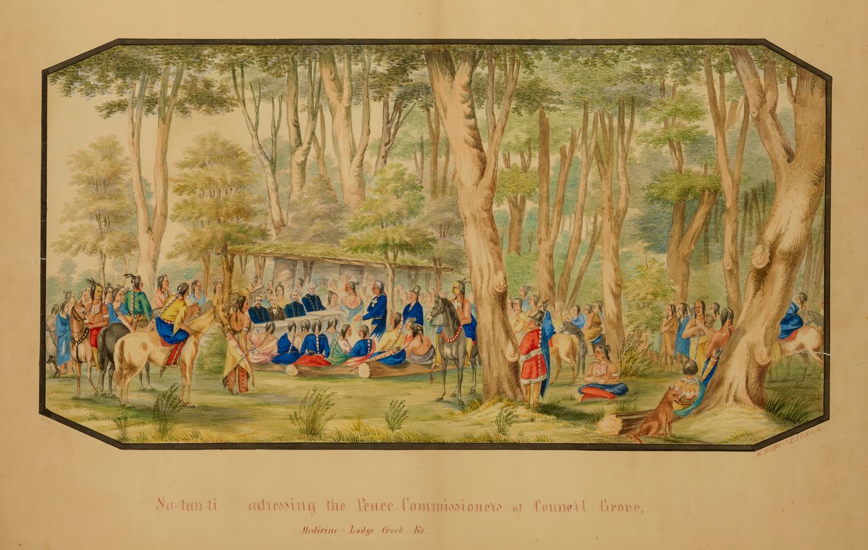 Sa-tan-ti przemawiający do komisarzy pokoju w Council Grove, Medicine Lodge Creek, 1867. autorstwa Hermann Stieffel