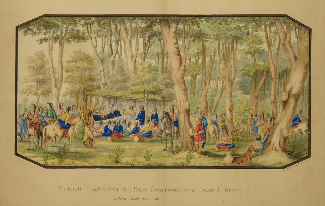 Sa-tan-ti przemawia do komisarzy pokoju w Council Grove, Medicine Lodge Creek autorstwa Hermann Stieffel