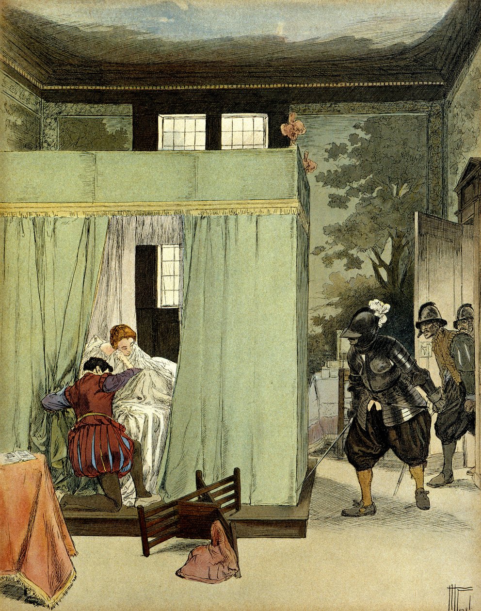 Protestancki dżentelmen znajduje schronienie w łóżku Małgorzaty de Valois, królowej Francji, znanej jako królowa Margot (1553-1615) w dniu św. „” Henryk IV”” autorstwa Hermann Vogel