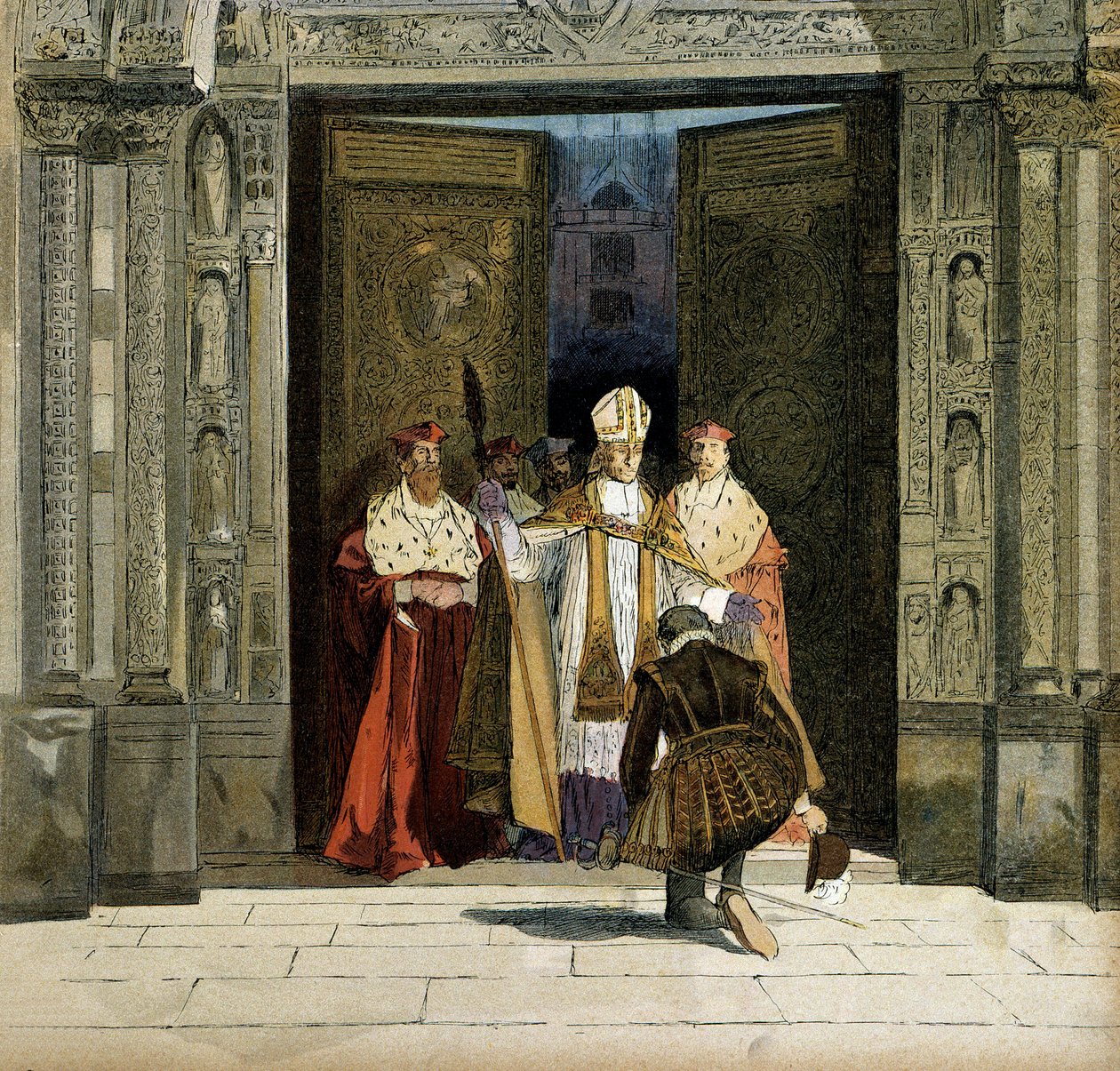 Wyrzeczenie Henryka IV (1553-1610) w opactwie Saint Denis w obecności łuku Bourges, Renaud de Beaune (1527-1606). Król wyrzekł się protestantyzmu 25 lipca 1593 r. Ilustracja Hermanna Vogla (1856-1918) w „”Henri IV”” autorstwa Hermann Vogel