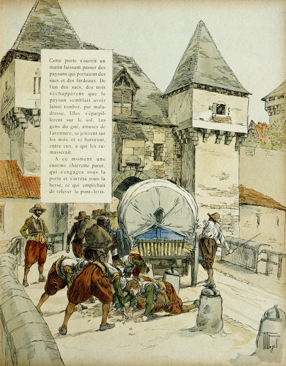 Niespodzianka Amiensa. Hiszpanie podstępem zajęli miasto Amiens 11 marca 1597 r., blokując bronę wózkiem. Ilustracja, 1907, Hermann Vogel autorstwa Hermann Vogel