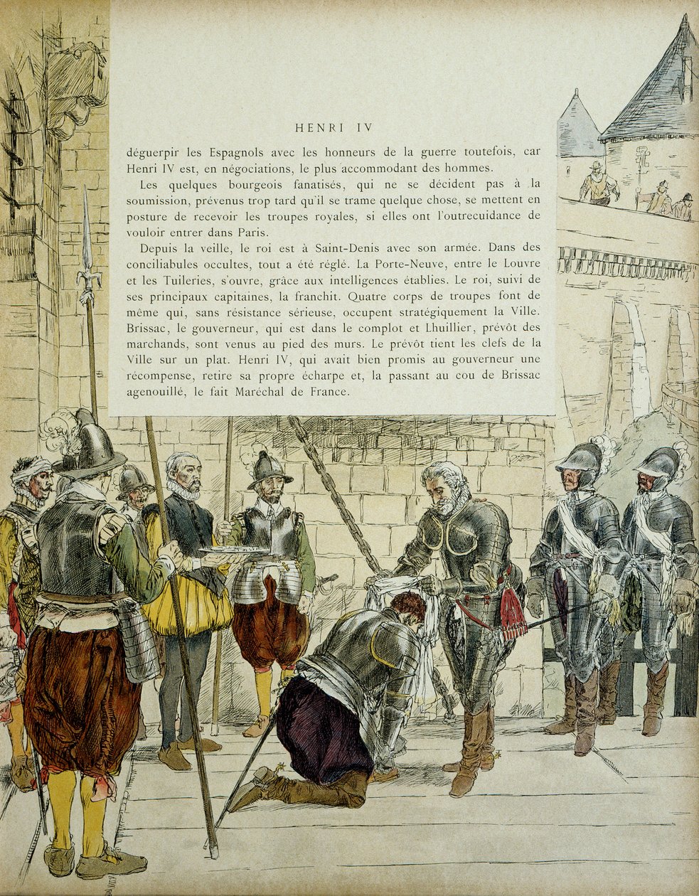 Karol II Cosse Brissac (Cosse-Brissac) (1562-1621 lub 1626) został marszałkiem Francji przez Henryka IV (1553-1610) przed wkroczeniem do Paryża 22 marca 1594 roku. Stojący obok przewładca kupców Jean Lhuillier (?) trzyma klucze miasta. Ilustracja 1907 autorstwa Hermann Vogel