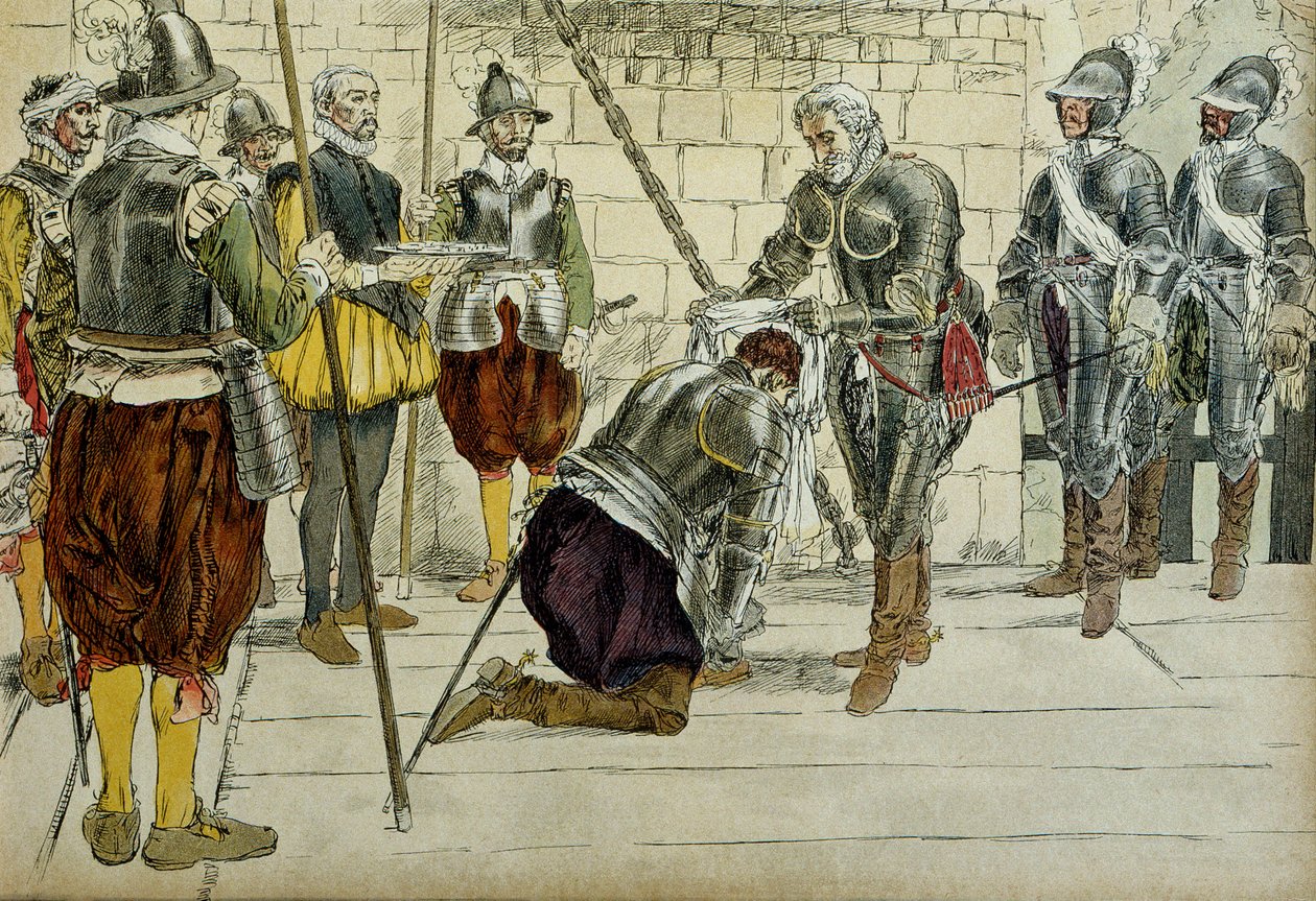 Karol II Cosse Brissac (Cosse-Brissac) (1562-1621 lub 1626) został marszałkiem Francji przez Henryka IV (1553-1610) przed wkroczeniem do Paryża 22 marca 1594 roku. Stojący obok przewładca kupców Jean Lhuillier (?) trzyma klucze miasta. Ilustracja 1907 autorstwa Hermann Vogel