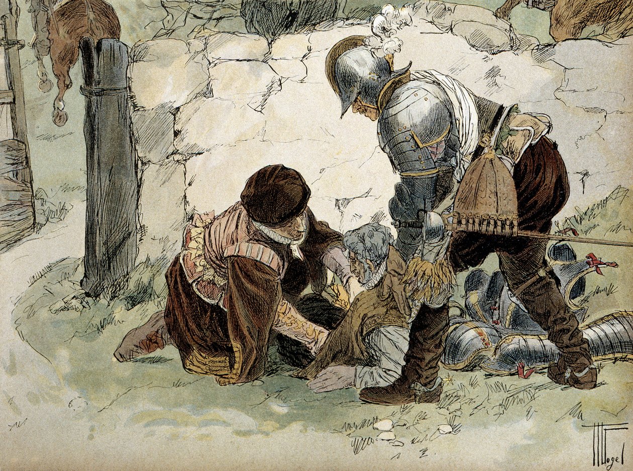 Henryk IV (1553-1610) ranny podczas zwiadu w Aumale przeciwko armii Mayenne. Ilustracja Hermanna Vogla (1856-1918) w „”Henri IV”” autorstwa Hermann Vogel