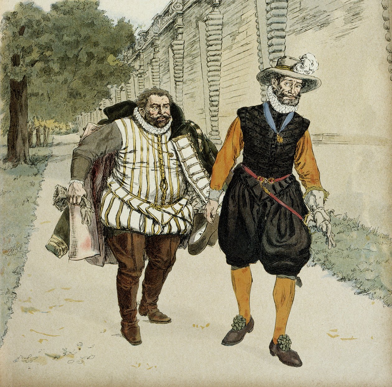Henryk IV (1553-1610) i Karol de Lorraine, książę Mayenne (1554-1611). Pierwsza rozmowa pojednawcza między dwoma wrogami, Mayenne, przywódcą legueurów i królem, w ogrodach Chateau de Montceaux w Brie w 1596 roku. autorstwa Hermann Vogel