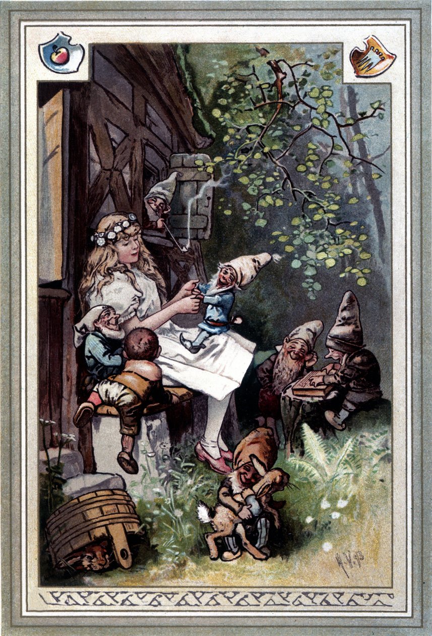 Kinder und hausmarchen (Opowieść o dzieciństwie i domu) (1812): bajki braci Grimm. Okładka Hermanna Vogla 1894 przedstawiająca Królewnę Śnieżkę i siedmiu krasnoludków. autorstwa Hermann Vogel