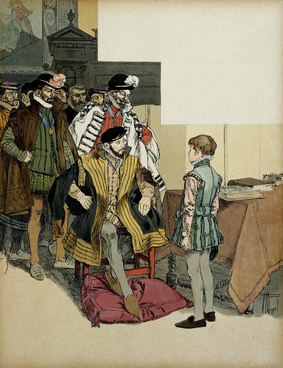 Król Francji Henryk II (1519-1559) w otoczeniu swoich dżentelmenów lubi kwestionować Henryka IV (1553-1610) jako dziecko o jego powroty. Ilustracja Hermanna Vogla (1856-1918) w „”Henri IV”” autorstwa Hermann Vogel