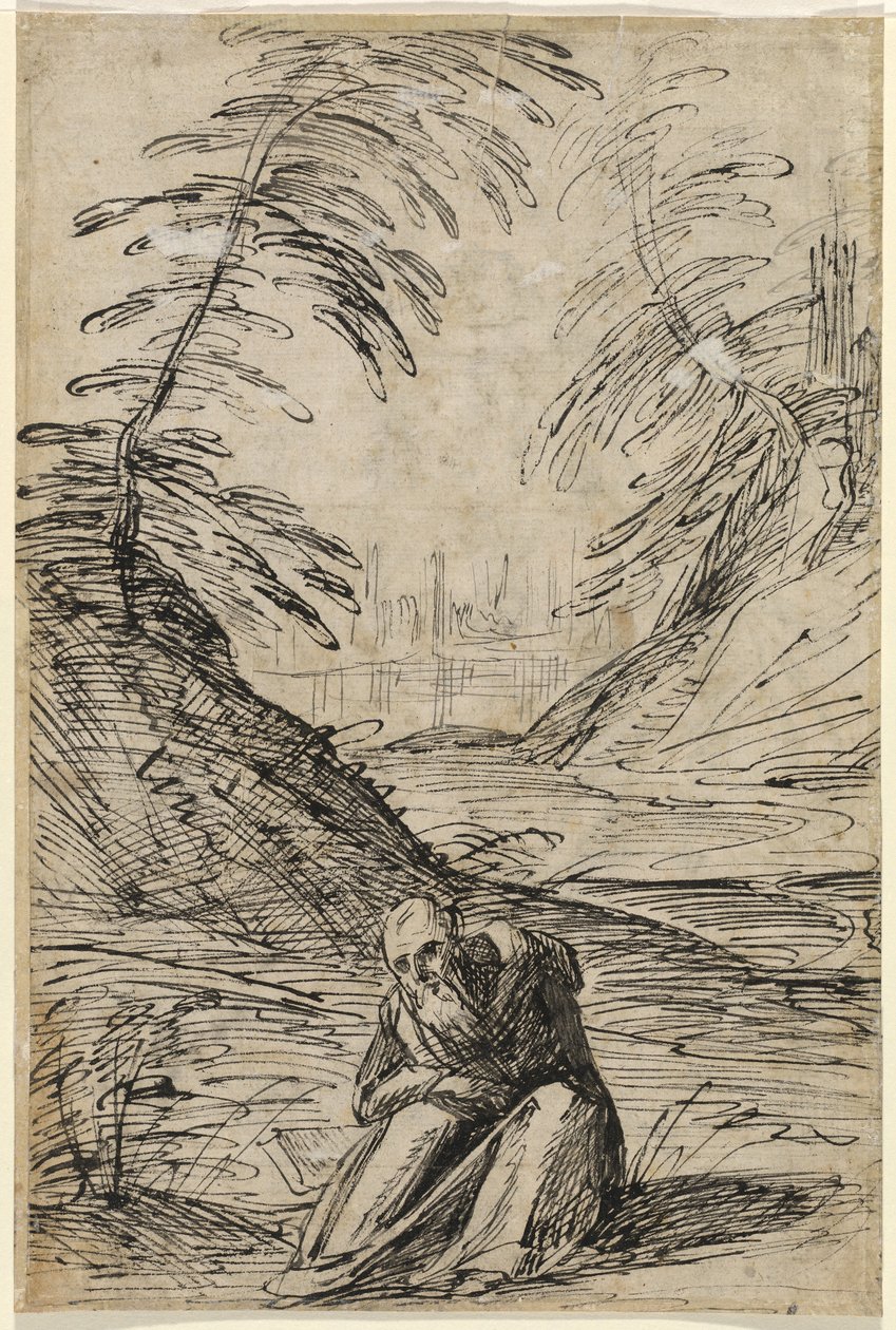 Pustynny krajobraz z pustelnikiem (verso) autorstwa Hermann Weyer
