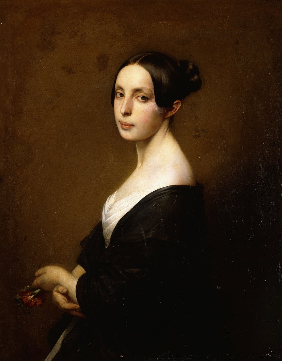 Portret damy, do połowy długości w czarnej sukience i trzymającej goździka, autorstwa Hermann Winterhalter