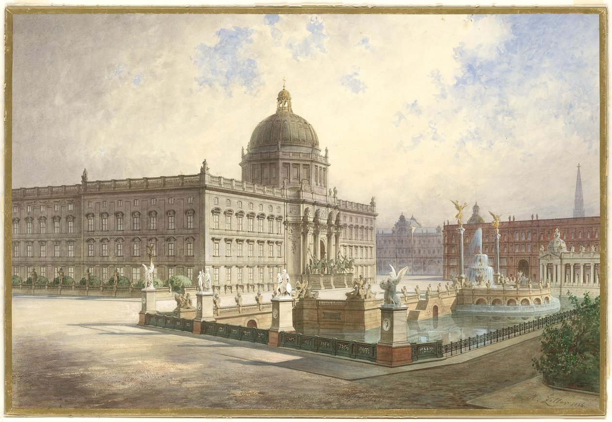 Berliner Stadtschloss. Widok fasady pałacu z mostu pałacowego, 1886 autorstwa Hermann Ziller