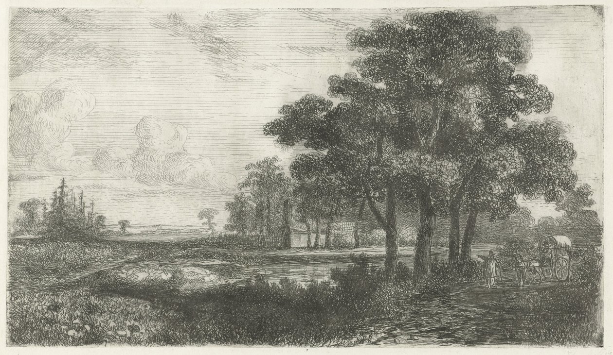 Zalesiony krajobraz z zadaszonym wozem autorstwa Hermanus Jan Hendrik van Rijkelijkhuysen