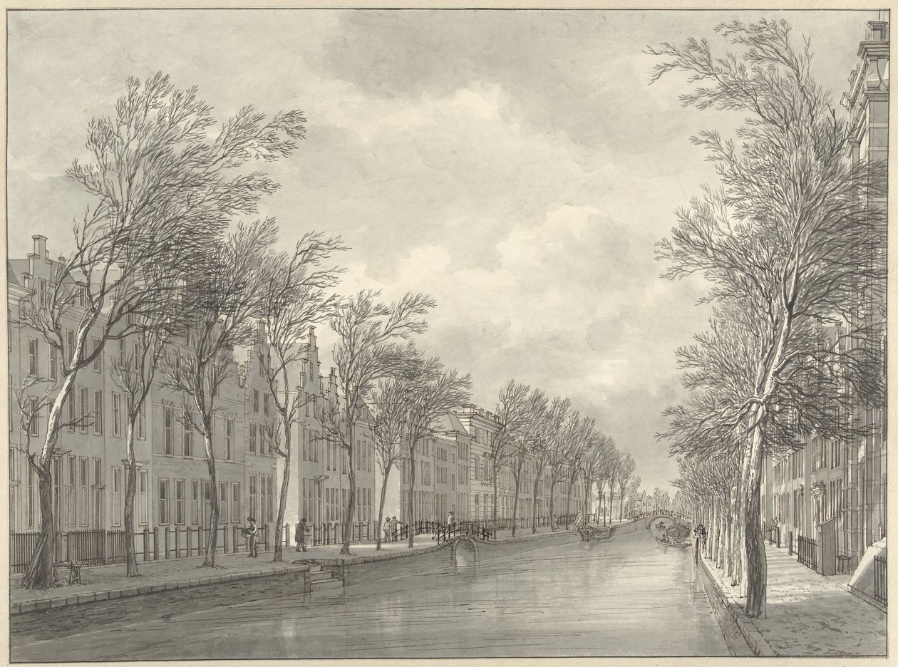 Widok Rapenburga w Lejdzie z Groenebrugu, 1807 autorstwa Hermanus Numan (signed by artist)