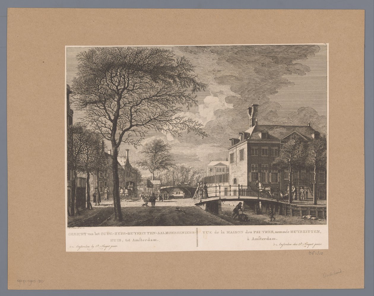 Widok na Oudezijds Huiszithuis w Amsterdamie Widok na Oude-Zyds-Huyszyten-Almoesseniershuis, do Amsterdamu / Vue de la maison des pauvres, nommée Huyszit, à Amsterdam (tytuł na obiekcie) autorstwa Hermanus Petrus Schouten (possibly)